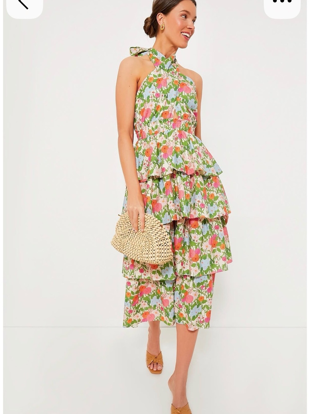 Floral Tiered Halter Midi Dress in Pink & Green